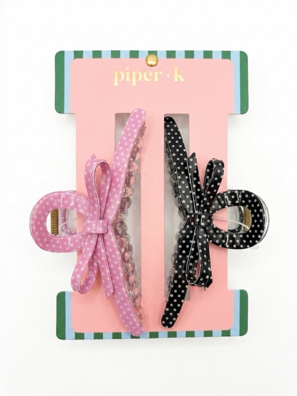 NWT ⚜️💖⚜️ Piper K Gorgeous Black & Pink Polka Dot Bow Hair Claw Clips Set of 2